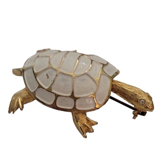 Vintage Gold Tone White Enamel Clear Rhinestone Turtle Brooch Pin E896 - Picture 2 of 8
